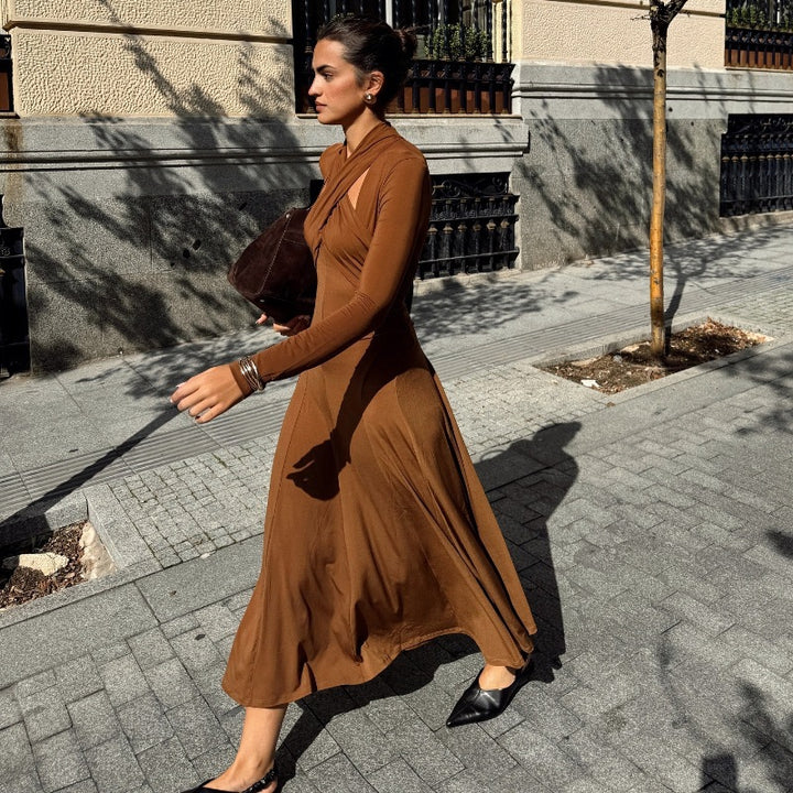 Elegant draped maxi dress for women with asymmetric cutout details Lune London