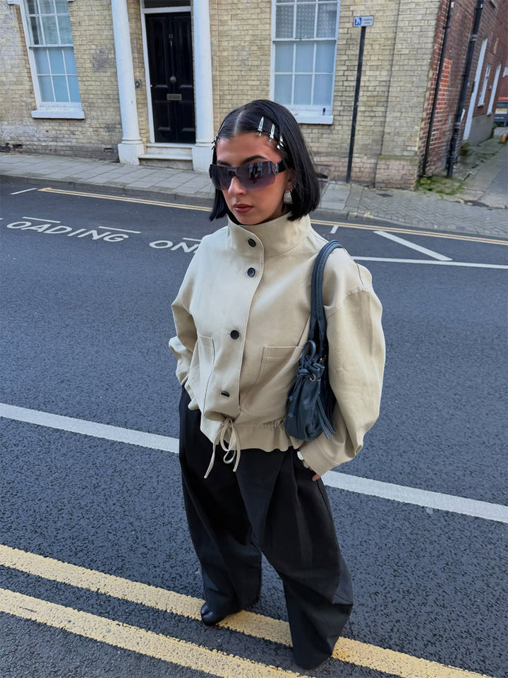 Women's Short-Cut Oversized Canvas Blouson with Stand-Up Collar Amarae