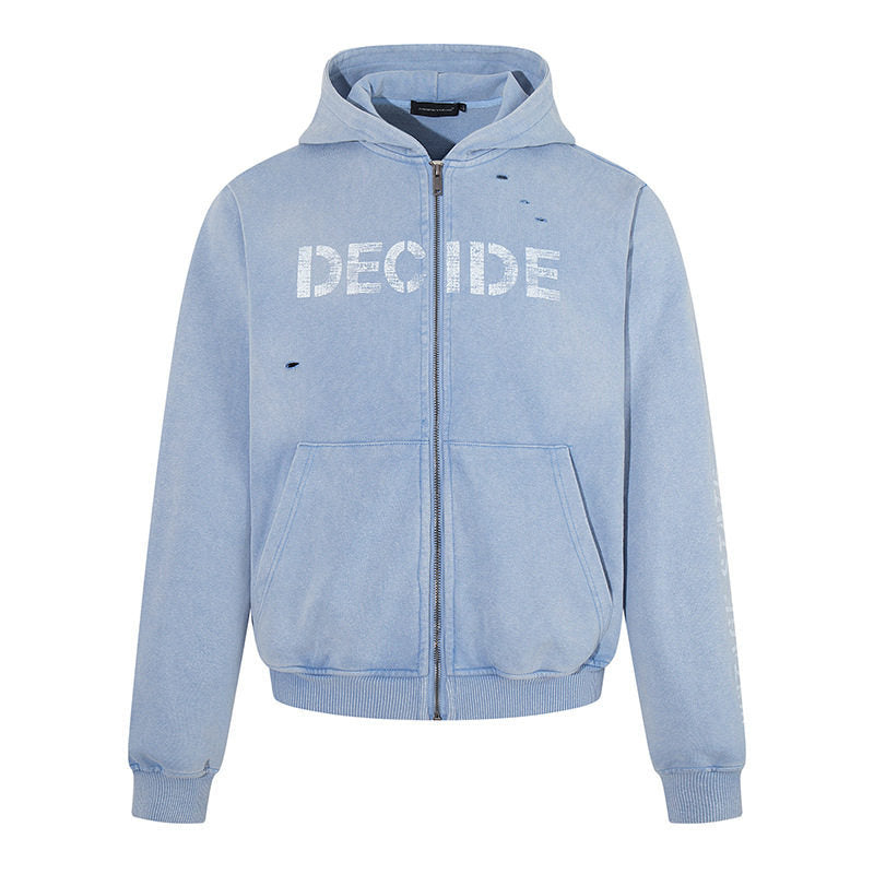 Men's hoodie zip jacket in vintage look with statement print and destroy details Amarae