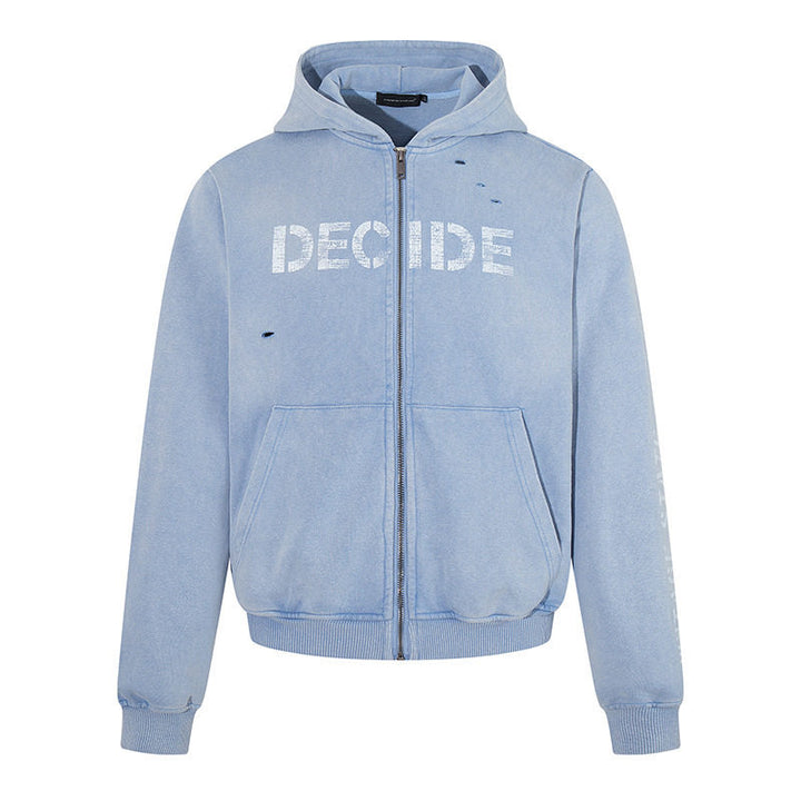 Men's hoodie zip jacket in vintage look with statement print and destroy details Amarae