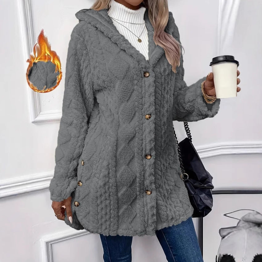 Ladies oversized cozy coat with hood and button placket Amarae