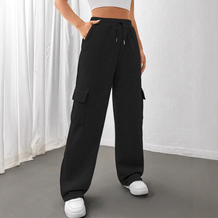 Ladies cargo jogging pants with high elastic waistband, drawstring, and wide leg Amarae