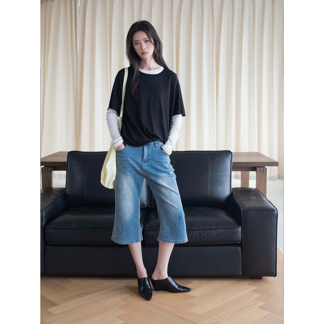 Women's High-Waisted Denim Culotte in Bermuda Style with Wide Leg Amarae
