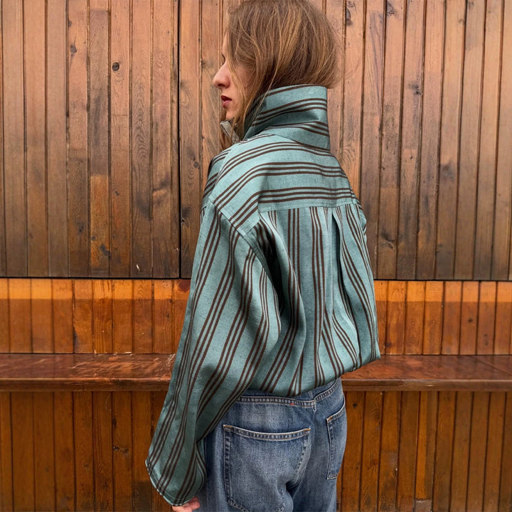 Women Oversized Stripe Sweater with Half Zipper, Stand Collar and Kangaroo Pocket Amarae
