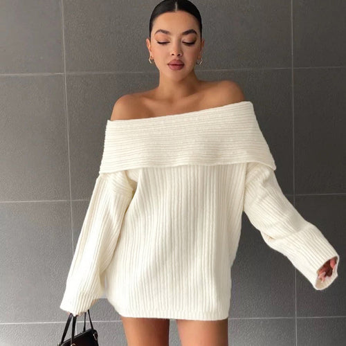 Pull en tricot surdimensionné pour femmes avec design épaules dénudées et texture à fines côtes Chic & Stil