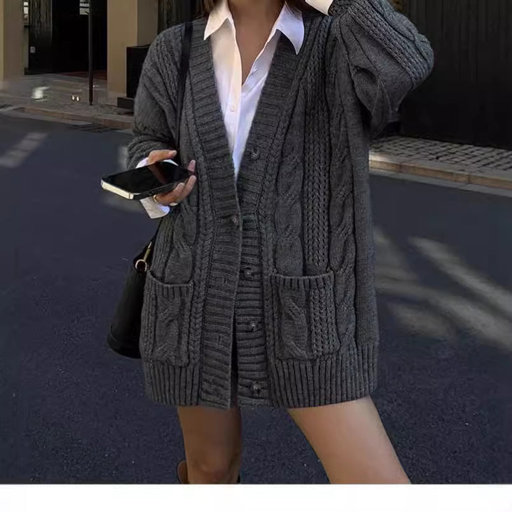 Knit cardigan for women with deep V-neck and structured twisted pattern Lune London