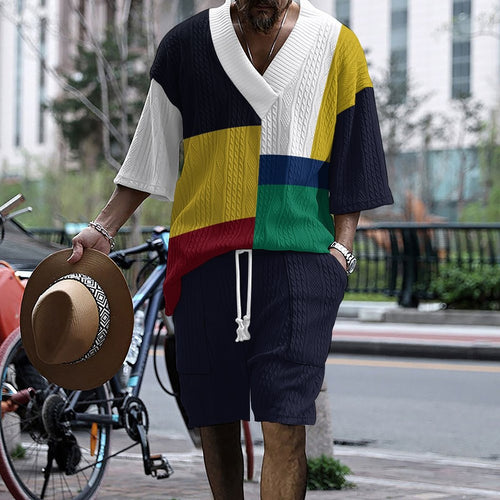 Trendy short sleeve jumpsuit set for men with eye-catching color blocks and a relaxed fit Amarae