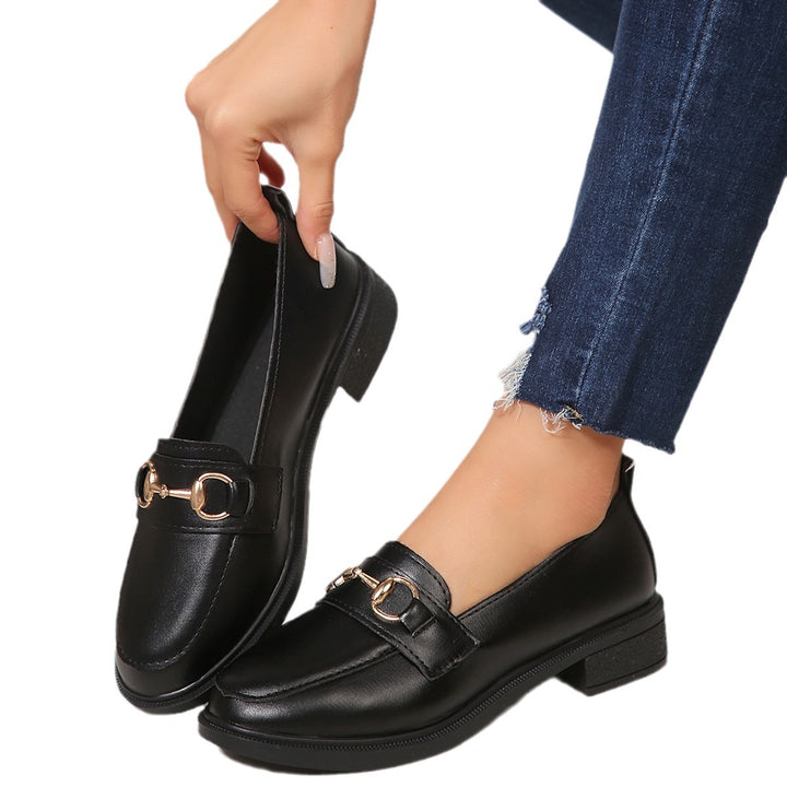 Ladies Patent Leather Platform Loafer with Gold Horsebit Detail and Low Block Heel Amarae