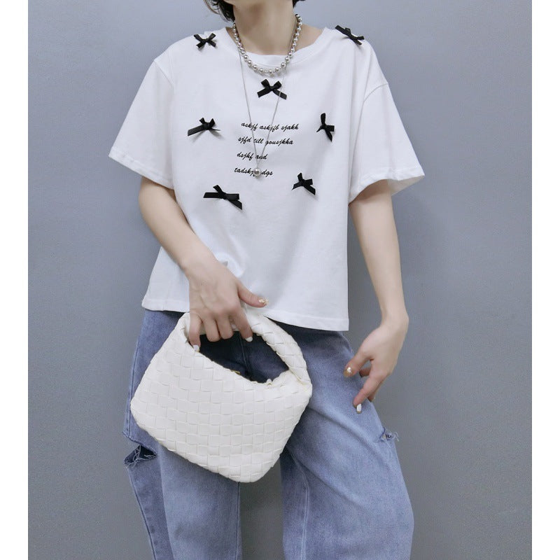 Ladies stylish graphic T-shirt with chic knot accents