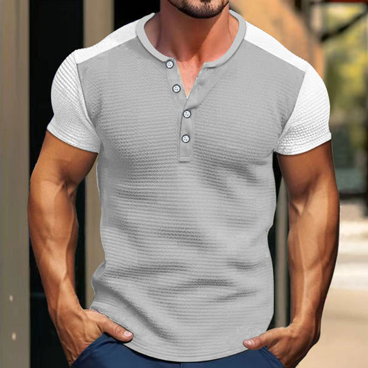 Men's Short Sleeve Henley Shirt with a textured design and contrasting sleeve parts Lune London