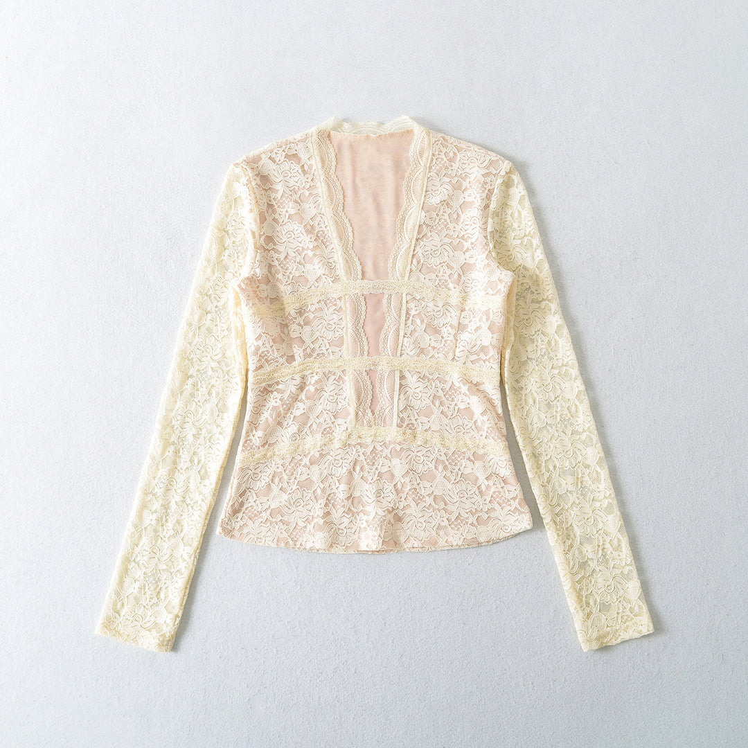 Women's Transparent Lace Blouse with V-Neck, Tailored Inserts and Long Sleeves Amarae