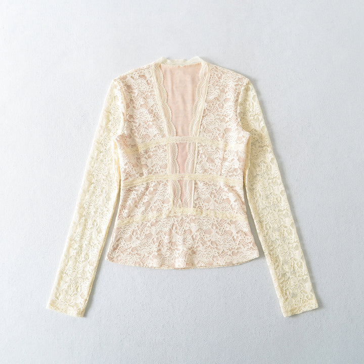 Women's Transparent Lace Blouse with V-Neck, Tailored Inserts and Long Sleeves Amarae