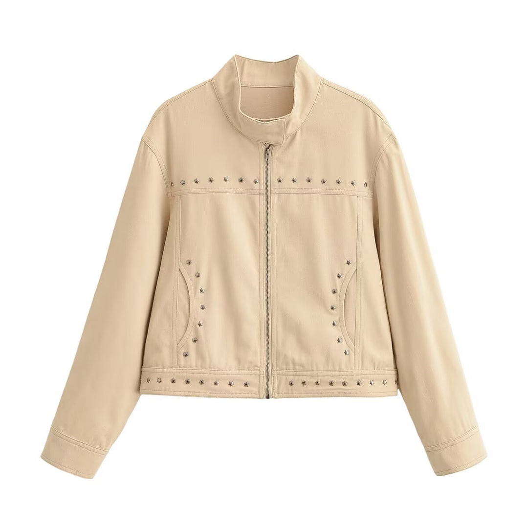Women’s short-cut vegan leather jacket with stand-up collar, full-length zipper and star stud detail Amarae