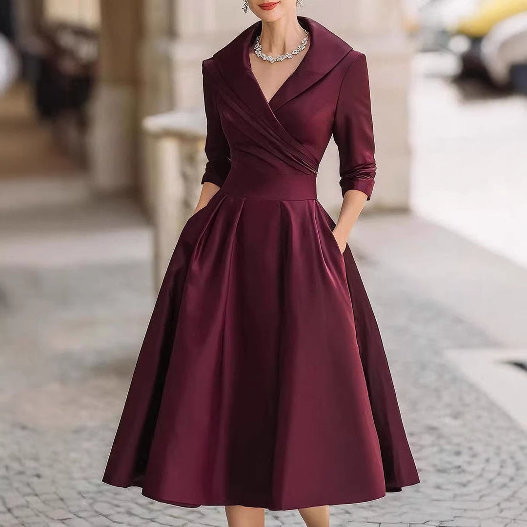 Women's Elegant Satin Midi Dress with Wrap Top, Mid-Length Sleeves and Side Pockets Amarae
