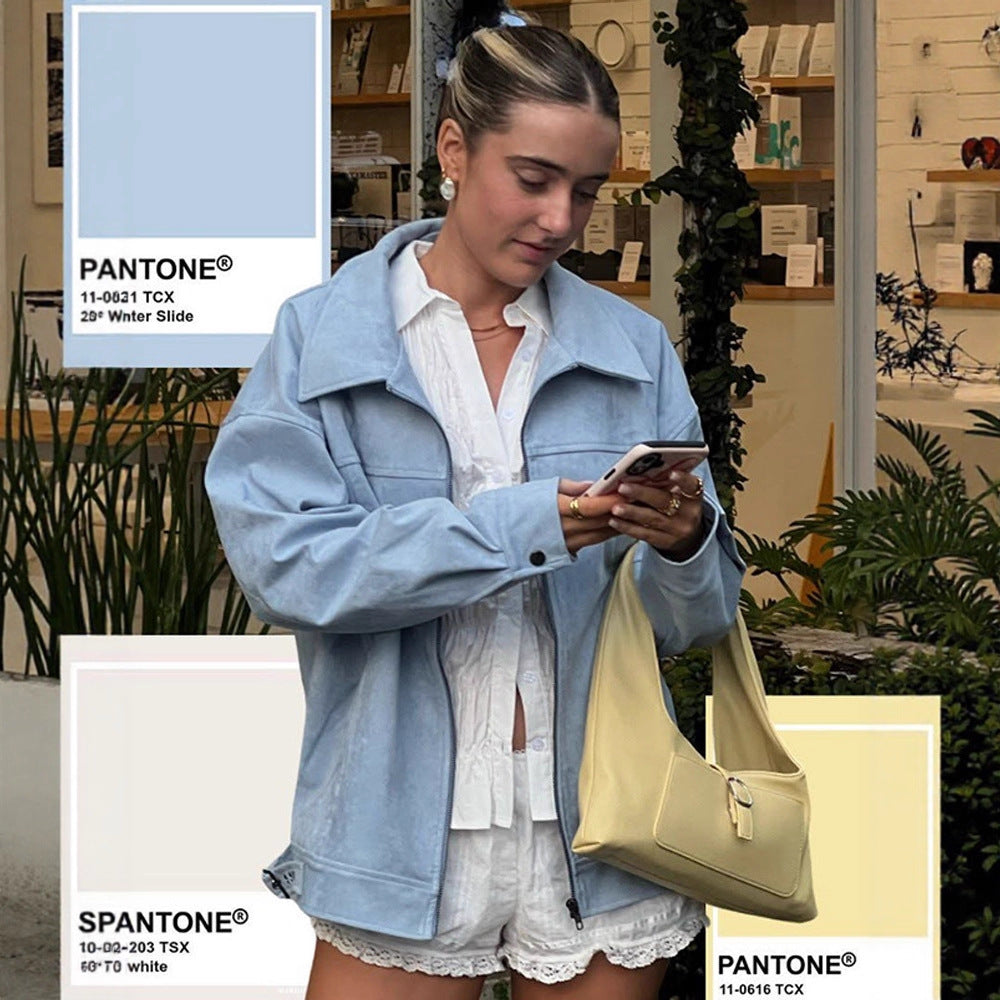 Women's Lightweight Suede-Look Blouson with Shirt Collar, Full Zipper and Boxy Silhouette Amarae