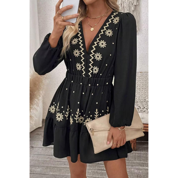 Mini dress for women with floral embroidery detail and waist belt Lune London