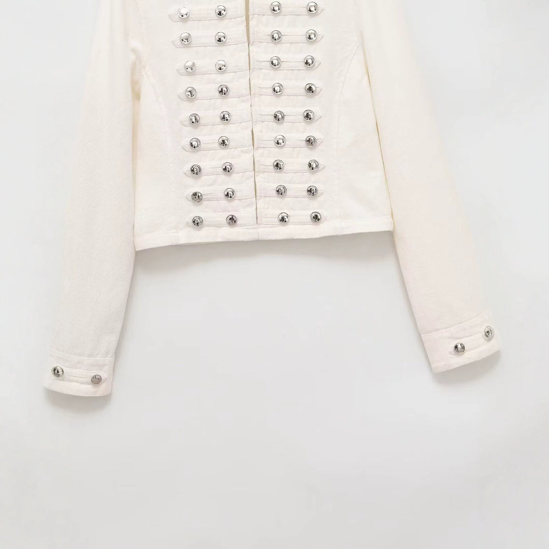 Women's military-style jeans jacket with stand-up collar and decorative button plackets Amarae