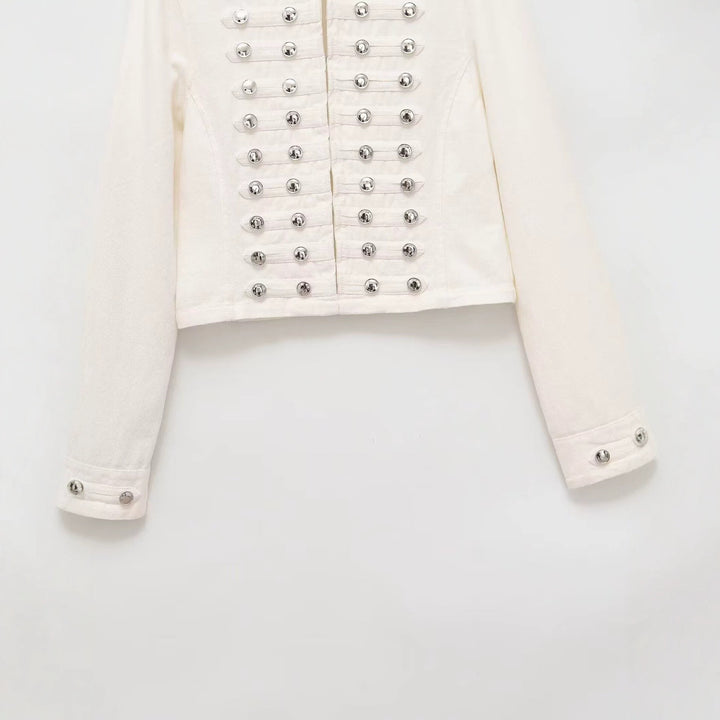 Women's military-style jeans jacket with stand-up collar and decorative button plackets Amarae