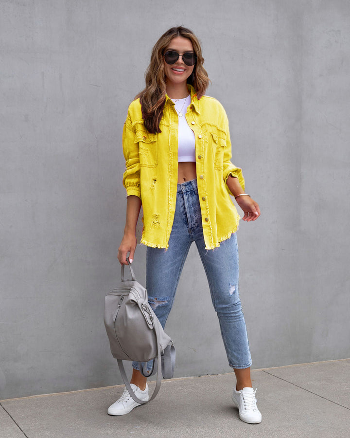 Stylish oversized denim jacket for women with distressed effect Lune London
