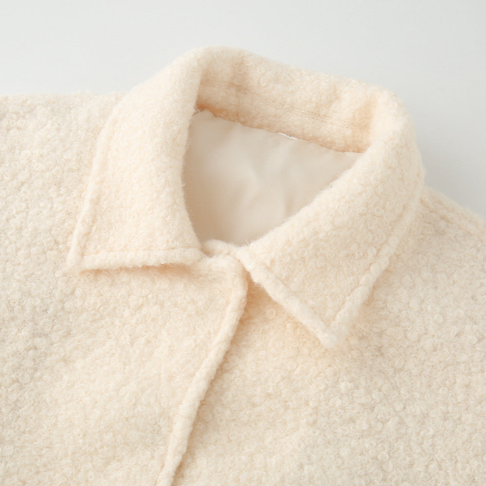 Women's Short Boucle Teddy Jacket with Shirt Collar, Welt Pockets and Elastic Hem Amarae