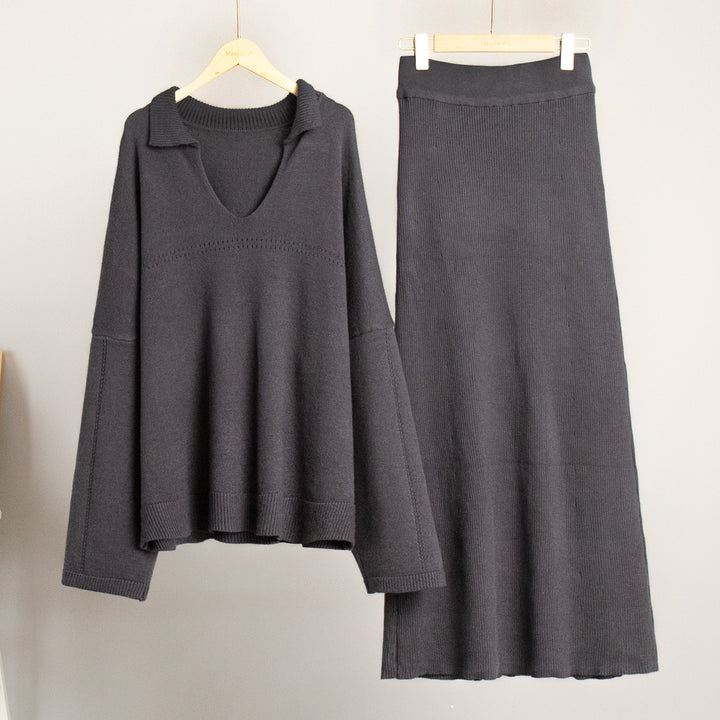 Modest knit set for ladies with a loose fit and deep V-neck Lune London