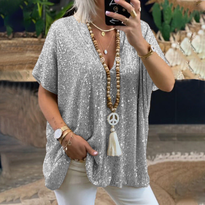 Ladies Sparkling Top with Elegant V-Neck and Light Cut Lune London
