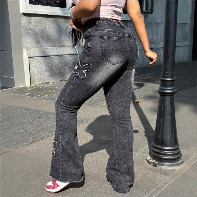 Ladies High-Waisted Flared Jeans with Butterfly Embroidery, Raw Hem and Sculpting Stretch Waistband Amarae