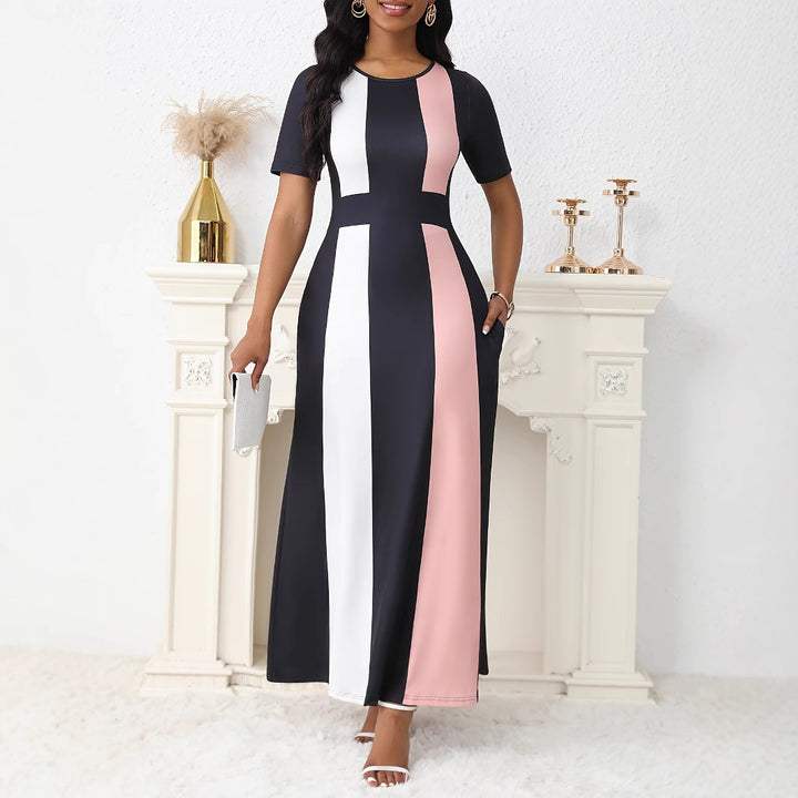 Maxi dress for women with a trendy block stripe design and practical pockets Lune London