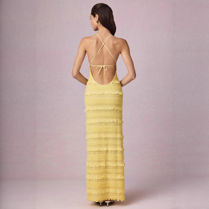 Ladies Maxi Dress with fringed design and elegant halterneck Lune London