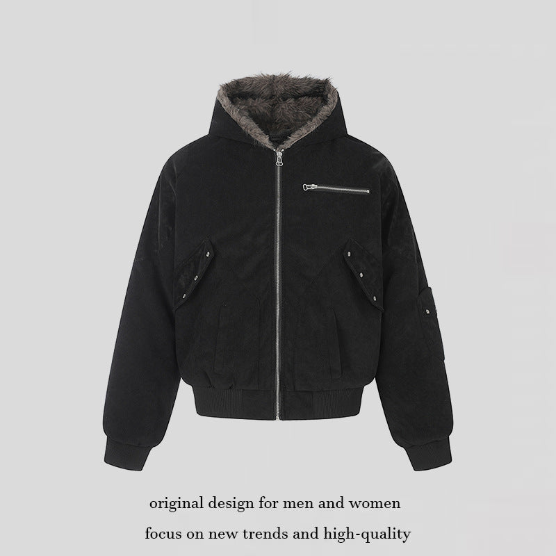 Ladies Oversize Velvet Bomber Jacket with Hood, Faux Fur Lining and Zipper Front Amarae