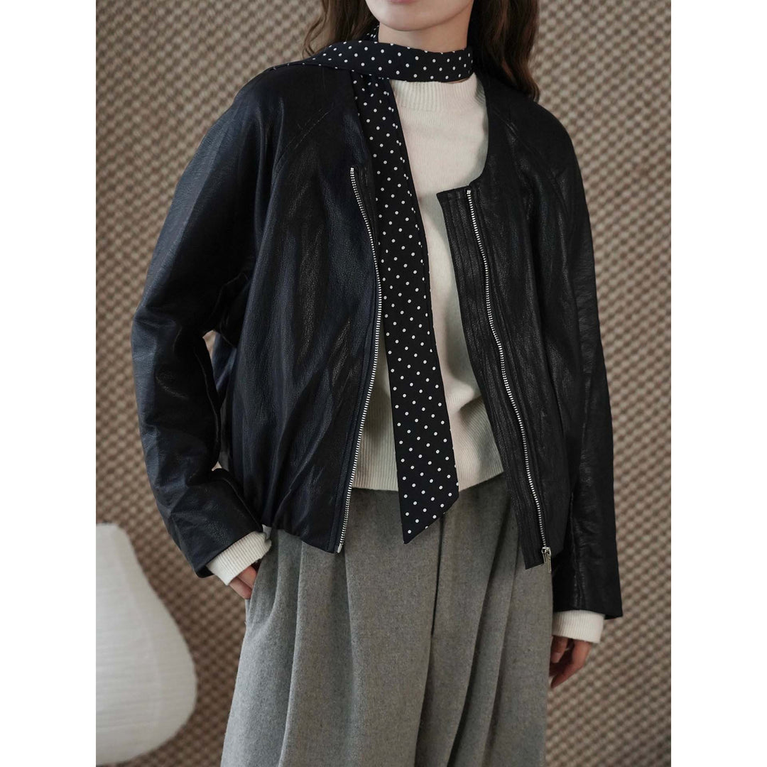 Women's leather bomber jacket with zipper, raglan sleeves and elastic hem Amarae