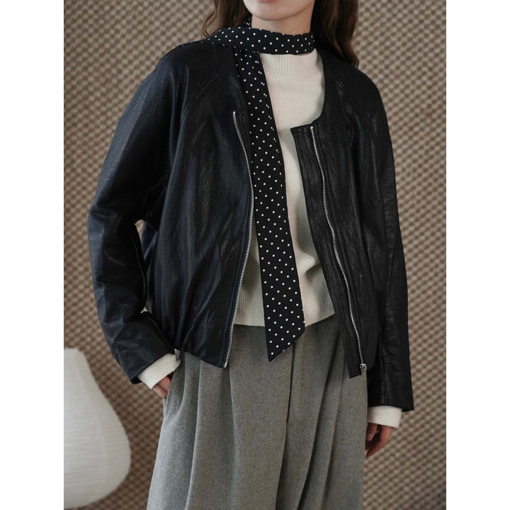 Women's leather bomber jacket with zipper, raglan sleeves and elastic hem Amarae