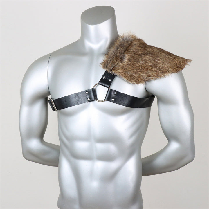 Men's asymmetrical shoulder harness with faux fur shoulder cape and adjustable leather straps Amarae