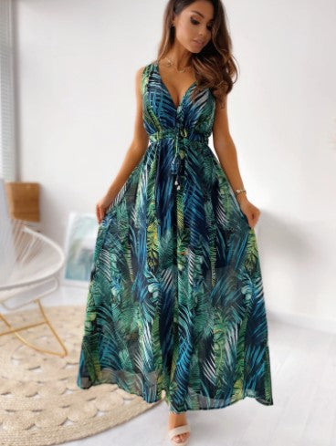 Maxi dress for women with tropical print and draped front detail Lune London
