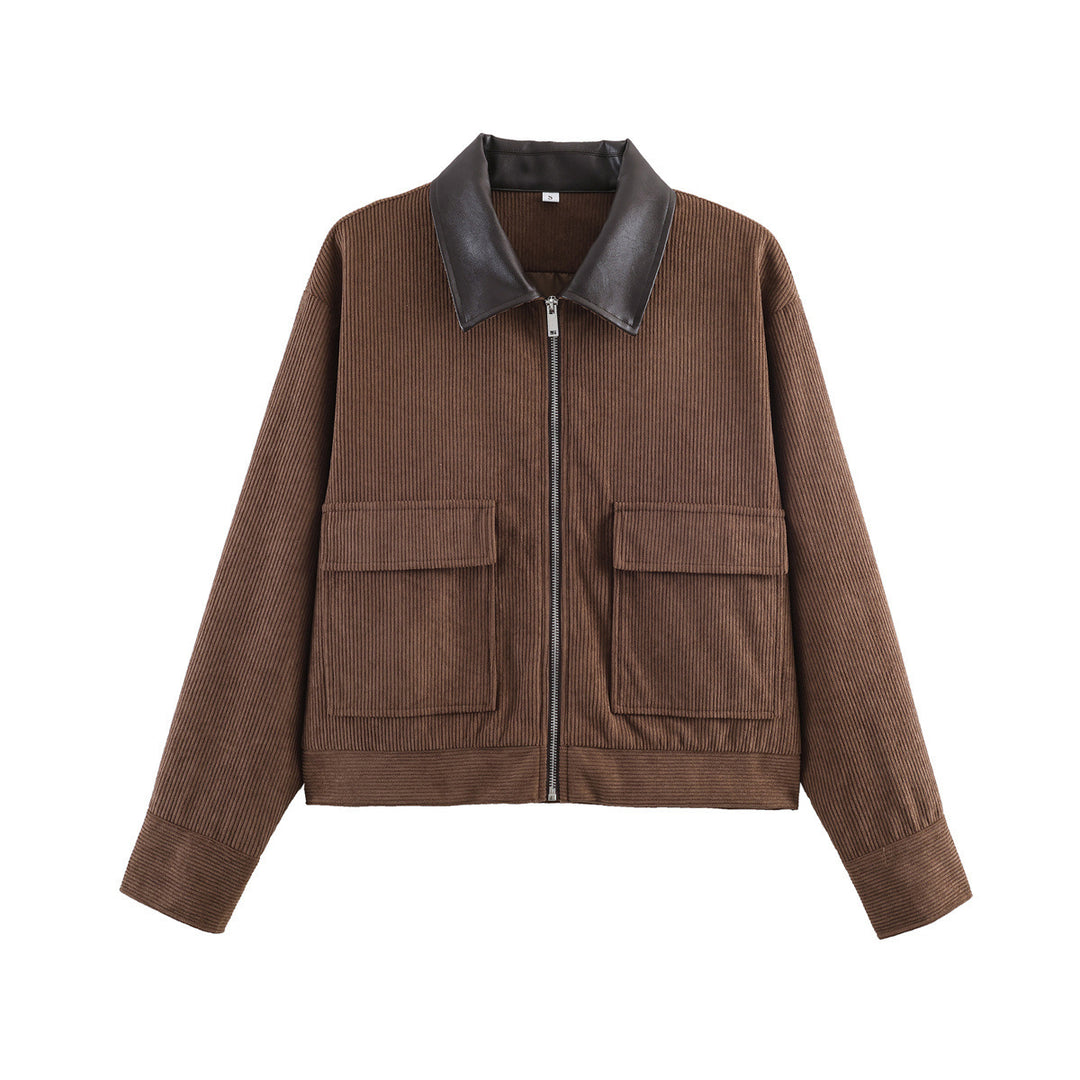 Ladies short-cut cord jacket with lapel collar made of faux leather and patch flap pockets Amarae