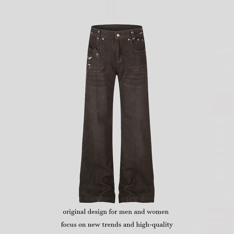 Women's Wide High-Waist Denim Trousers with Straight Leg and Utility Patch Pockets Amarae