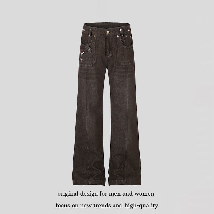 Women's Wide High-Waist Denim Trousers with Straight Leg and Utility Patch Pockets Amarae