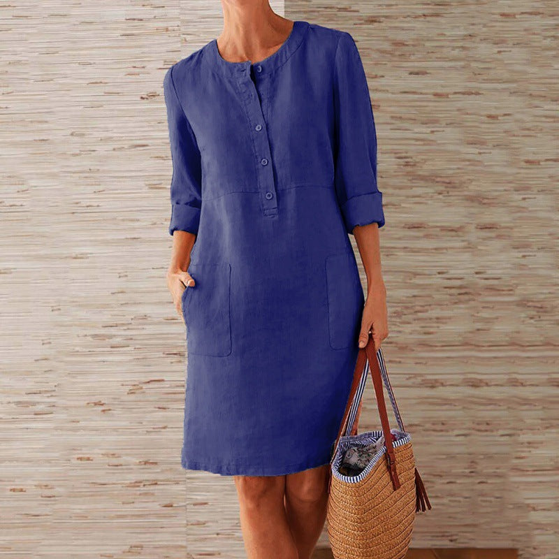 Women loose-fitting linen-look dress with three-quarter sleeves, button placket and side pockets Amarae