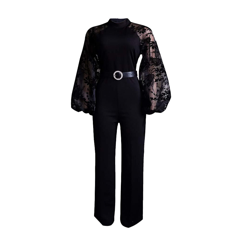 Ladies Elegant Jumpsuit with Sheer Sleeves and a Fitted Belt Lune London