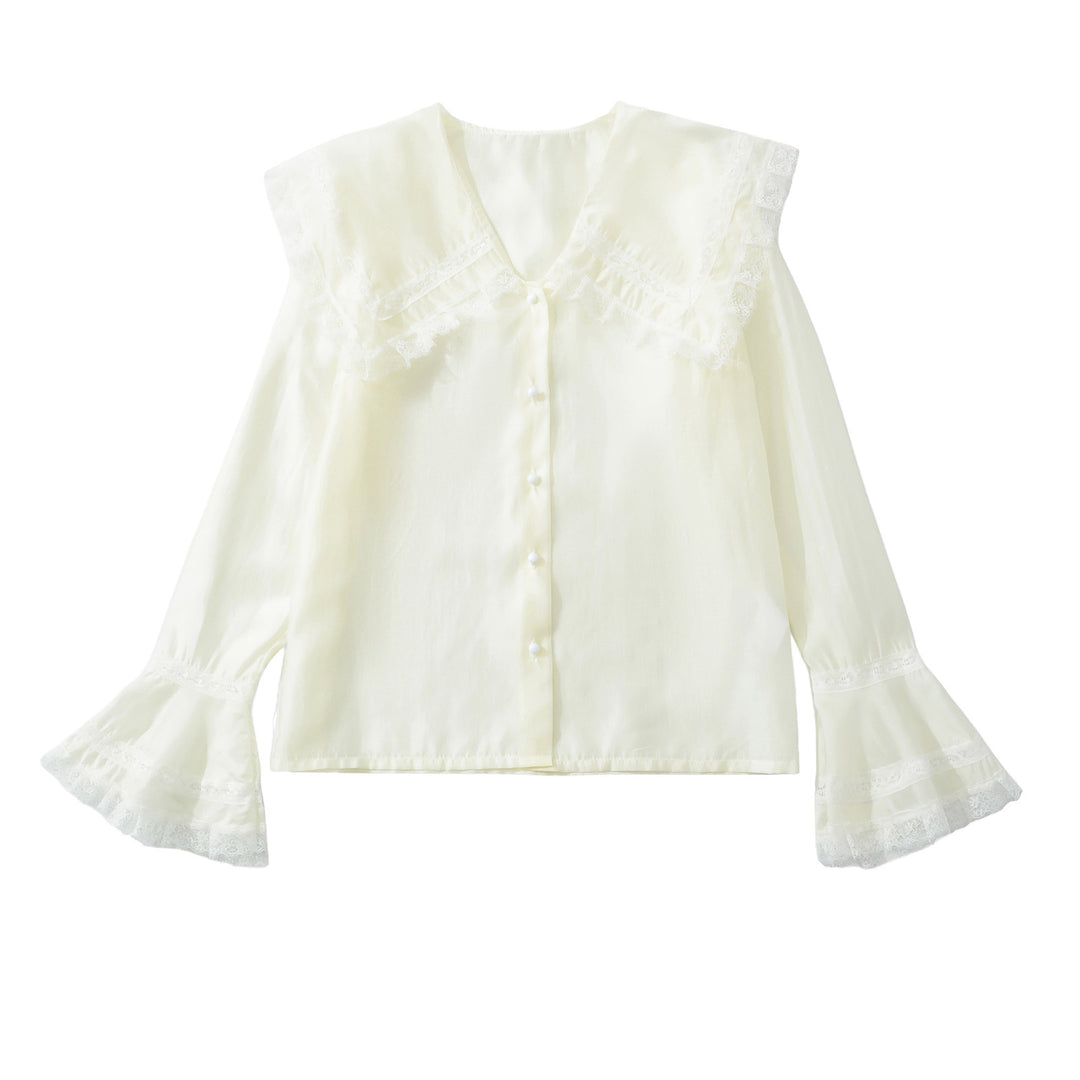 Women's blouse with large lace collar and tiered trumpet sleeves Amarae