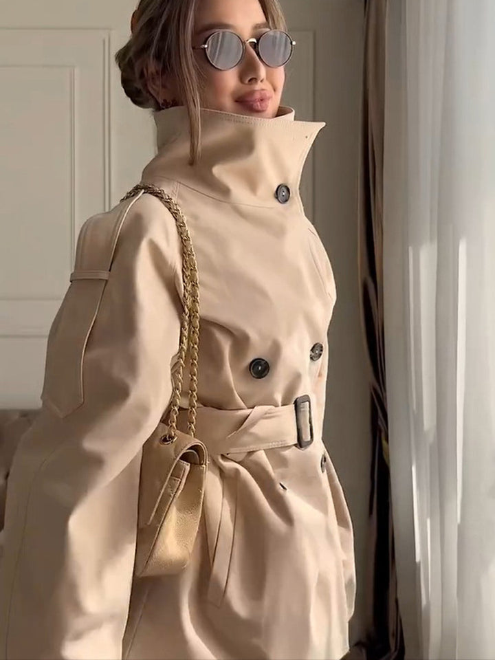 Women's Short Boxy Trench Coat with High Standing Collar, Double-Breasted Front & Waist Belt Amarae