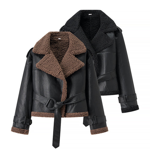 Trendy faux leather jacket for women with faux fur collar and adjustable belt Amarae