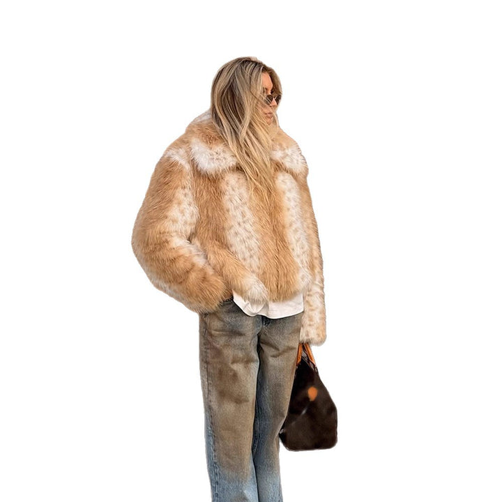 Women's Boxy Faux Fur Jacket with Two-Tone Shag Look and Notched Collar Amarae