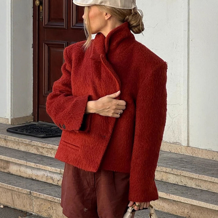 Women's Short Boxy Faux Fur Jacket with Wide Lapels and Textured Fur Look Amarae