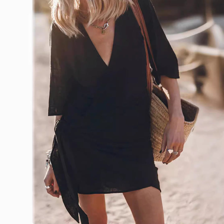 Wrap dress for women with fluid cut and narrow belt Lune London