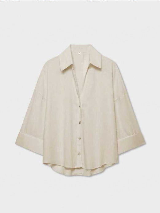 Women's Lightweight Oversized Linen Look Blouse with Three-Quarter Sleeves and Full Button Placket Amarae