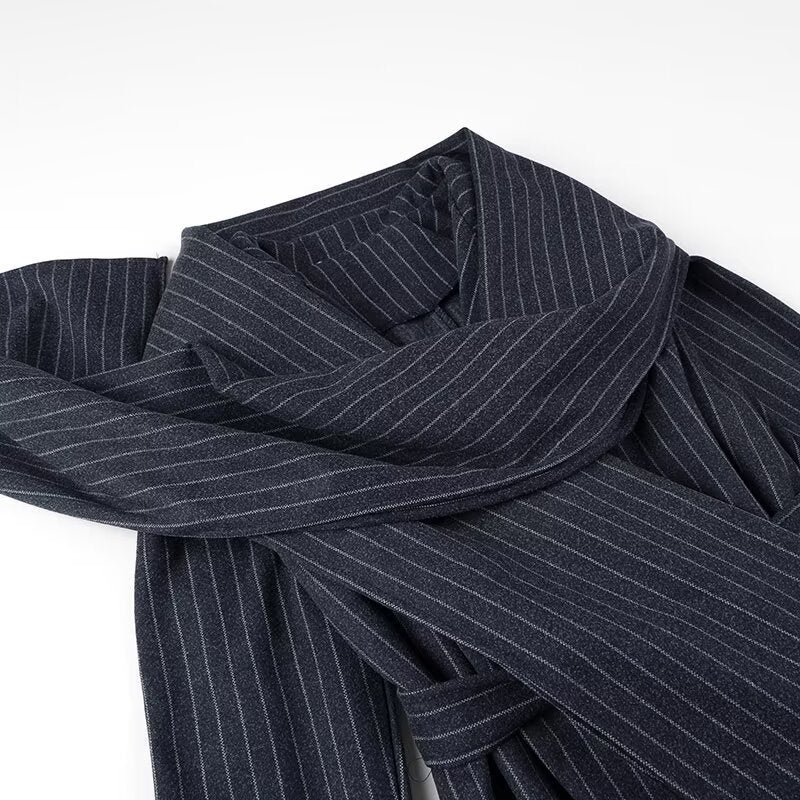 Women's Long Cut Pinstripe Coat in Trench Coat Look with Tie Belt Amarae