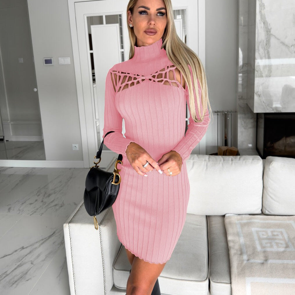Lune London women's ribbed knit high neck bodycon dress with cut-out details