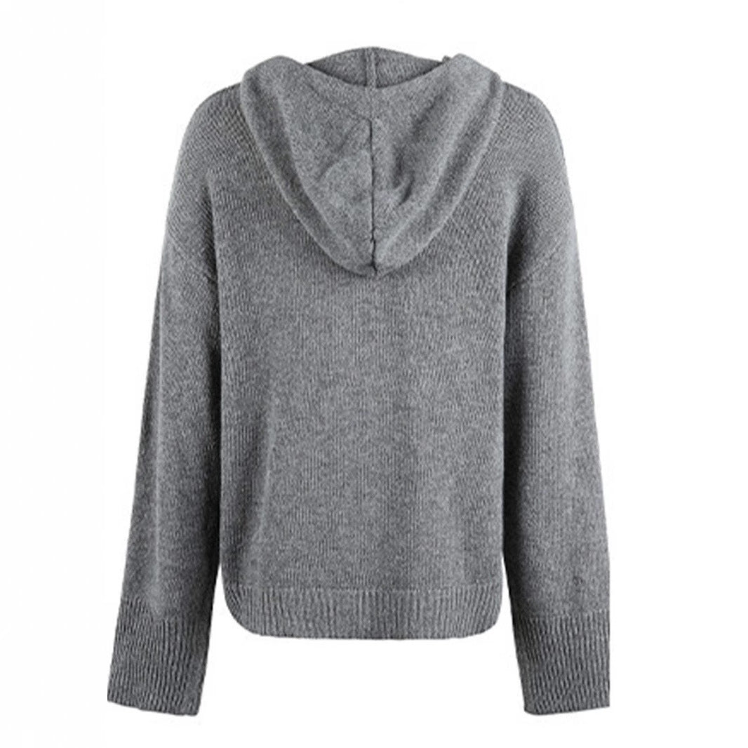 Ladies Cozy Knit Sweater with Hood and Decorative Buttons Lune London