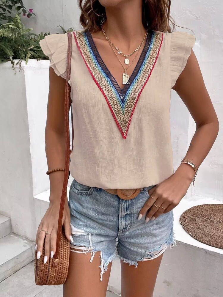 Embroidered V neck blouse for women with ruffle sleeves Lune London